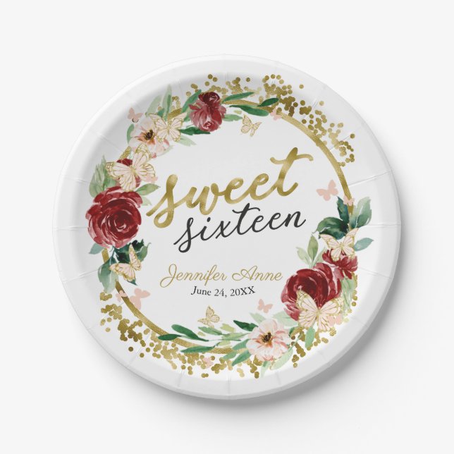 Sweet 16 Red Blush Floral Butterfly Paper Plate (Front)
