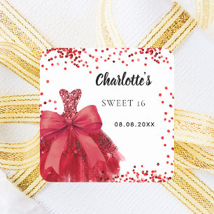 Sweet 16 red dress bow white square sticker