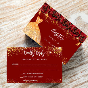 Sweet 16 red dress flowers gold RSVP card