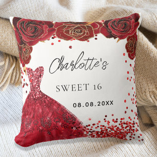 Sweet 16 red dress flowers white cushion