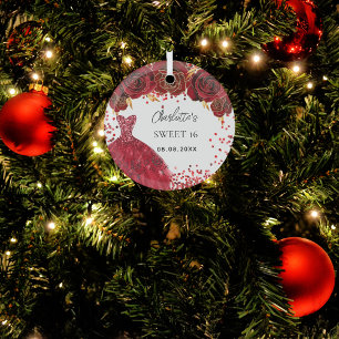 Sweet 16 red dress flowers white glass tree decoration