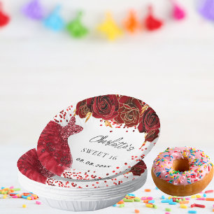 Sweet 16 red dress flowers white paper plate