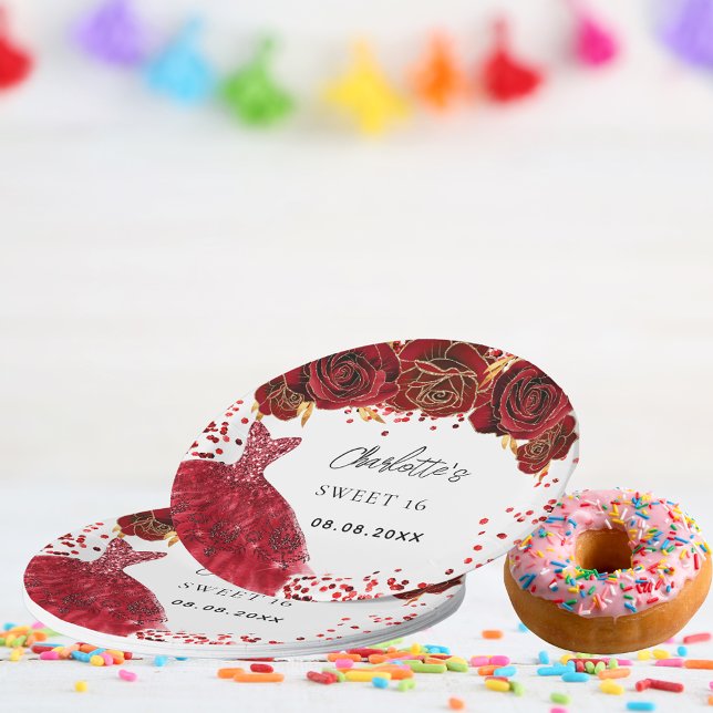 Sweet 16 red dress flowers white paper plate (Creator Uploaded)