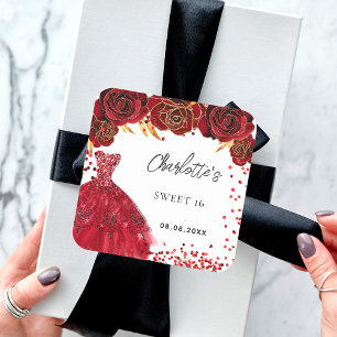 Sweet 16 red dress flowers white square sticker