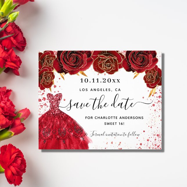 Sweet 16 red dress white budget save the date flyer (Creator Uploaded)