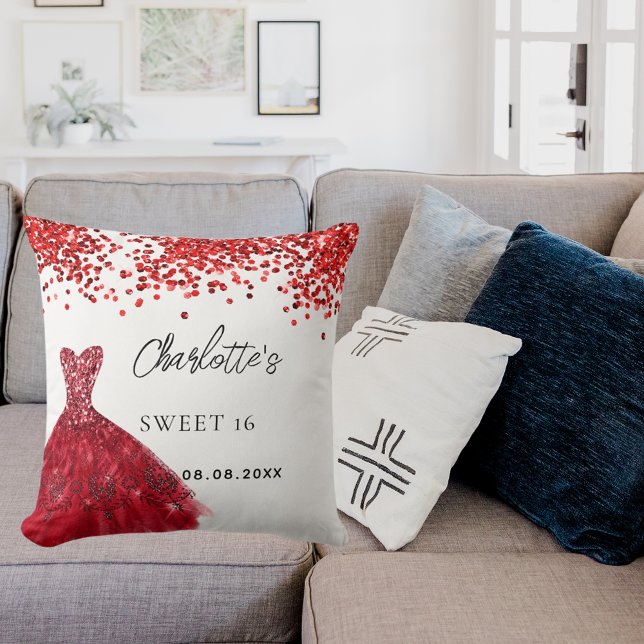 Sweet 16 red dress white name cushion (Creator Uploaded)