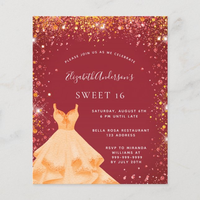 Sweet 16 red gold dress budget invitation flyer (Front)