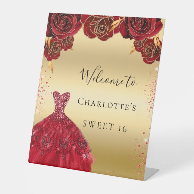 Sweet 16 red gold dress floral welcome pedestal sign (Front)