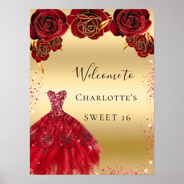 Sweet 16 red gold dress floral welcome poster (Front)