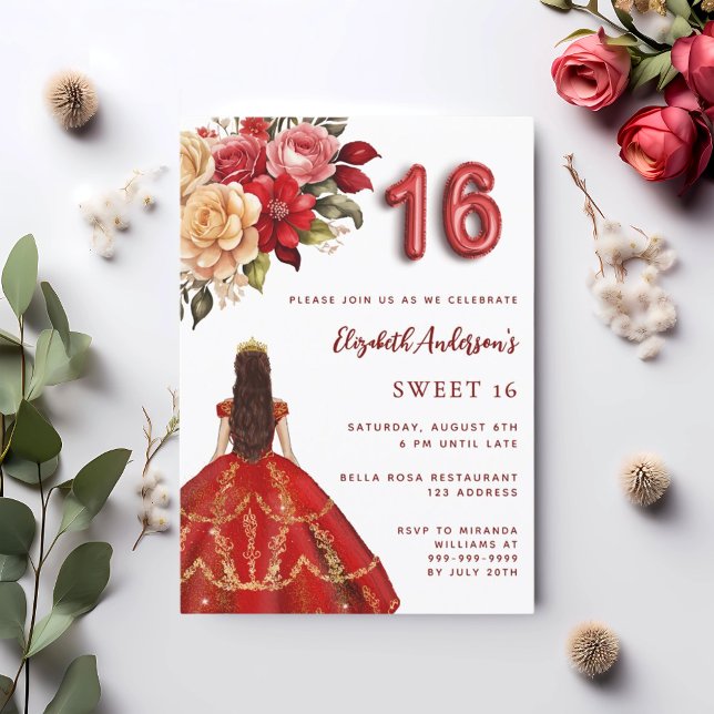 Sweet 16 red gold dress florals roses white invitation (Creator Uploaded)