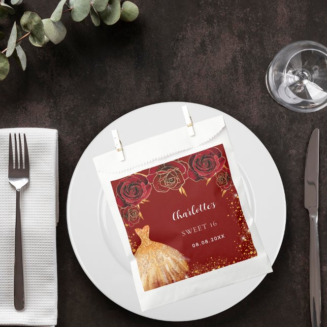 Sweet 16 red gold dress flowers favour bags (Creator Uploaded)