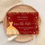 Sweet 16 red gold dress glamourous save the date<br><div class="desc">A girly and trendy Save the Date card for a Sweet 16, 16th birthday party. A stylish red background decorated with golden coloured faux glitter sparkles and a dress. Personalise and add a date and name/age. The text: Save the Date is written with a large trendy hand lettered style script....</div>