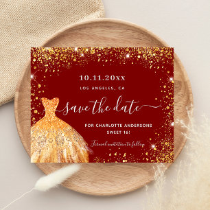 Sweet 16 red gold dress save the date card
