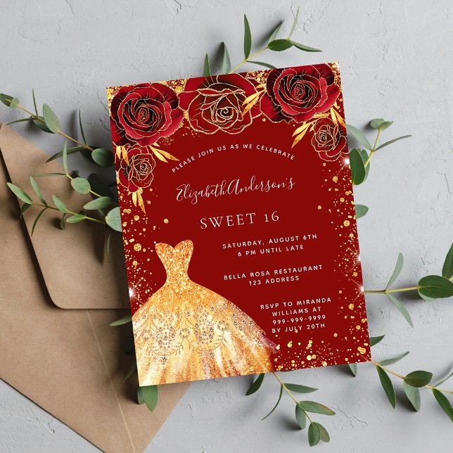 Sweet 16 red gold glitter dress floral invitation postcard (Creator Uploaded)