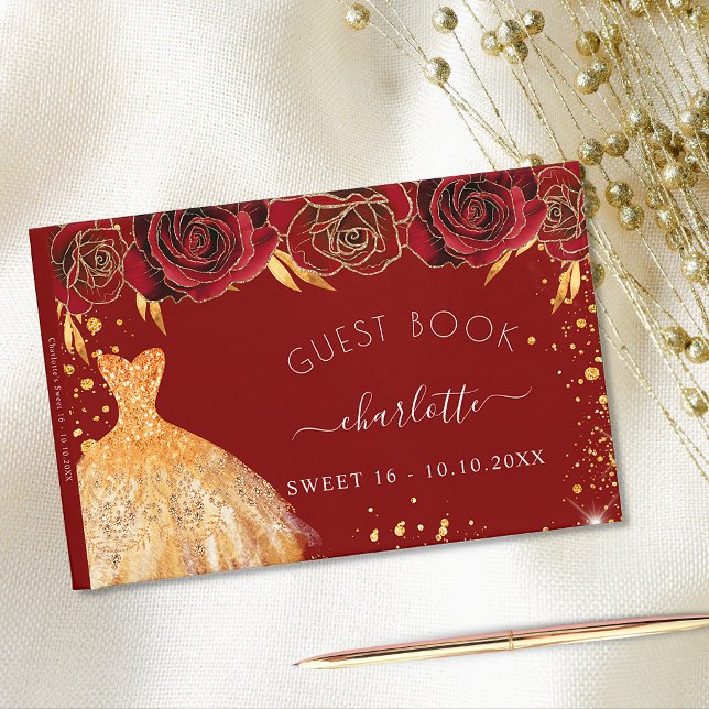 Sweet 16 red gold glitter dress flowers guest book (Creator Uploaded)