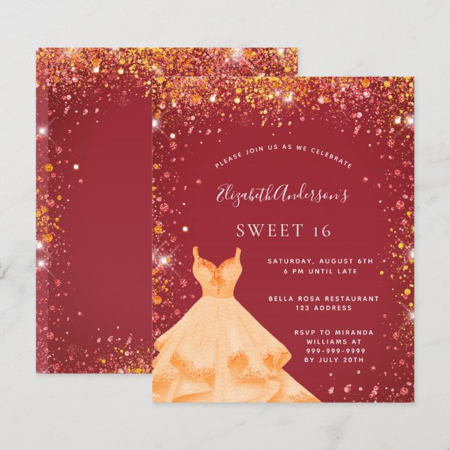Sweet 16 red gold glitter dress invitation (Front/Back)