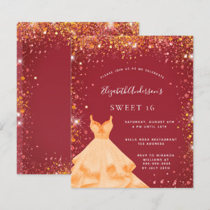 Sweet 16 red gold glitter dress invitation
