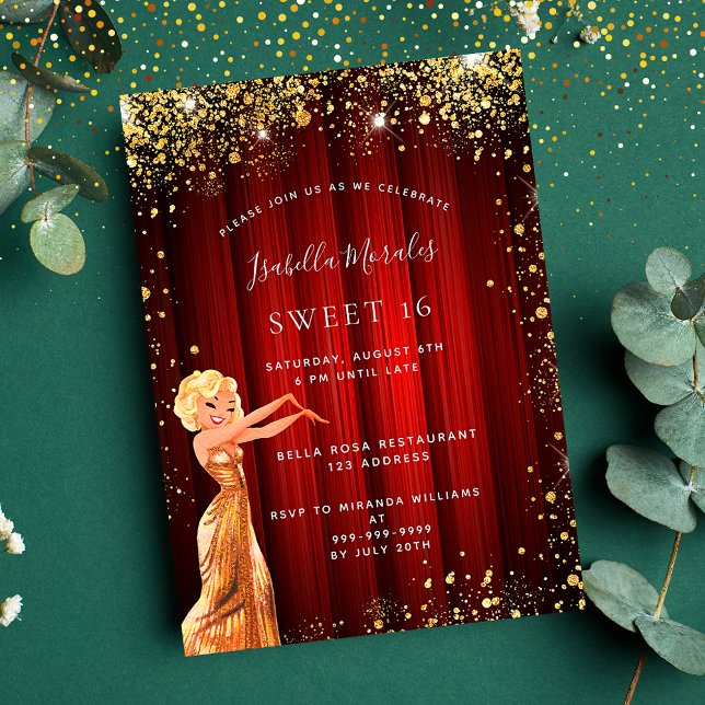 Sweet 16 red gold glitter dress movie luxury invitation (Creator Uploaded)