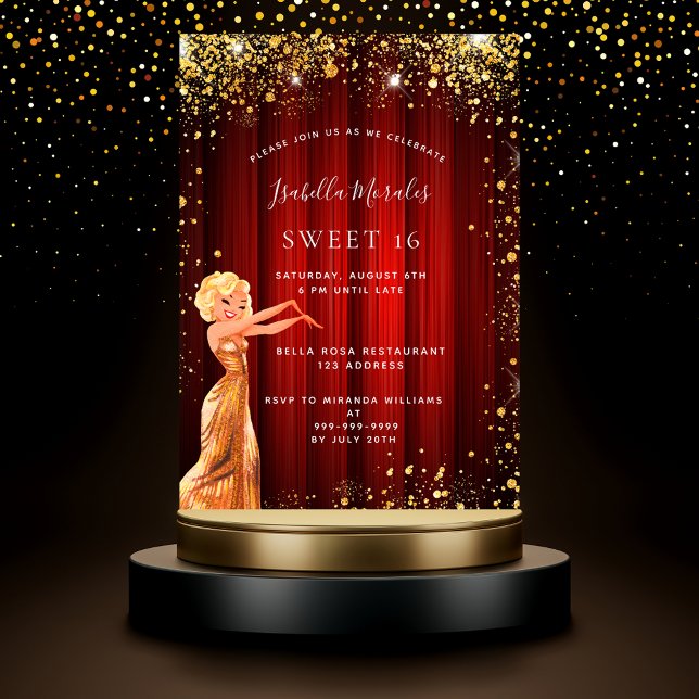 Sweet 16 red gold glitter dress movie party invitation (Creator Uploaded)