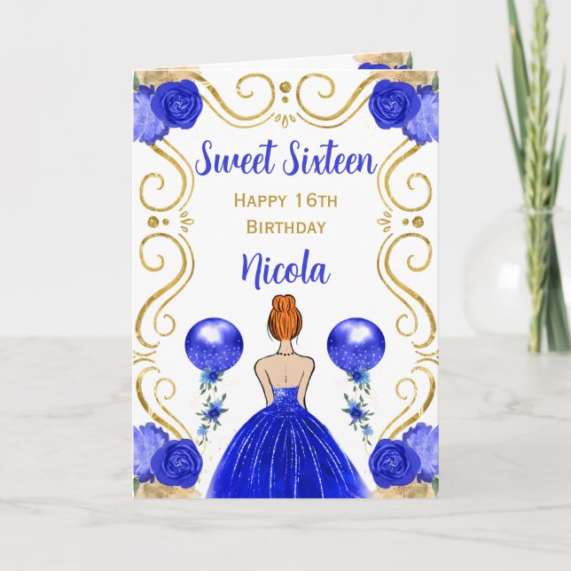 Sweet 16 Red Hair Princess Blue Happy Birthday Card (Front)