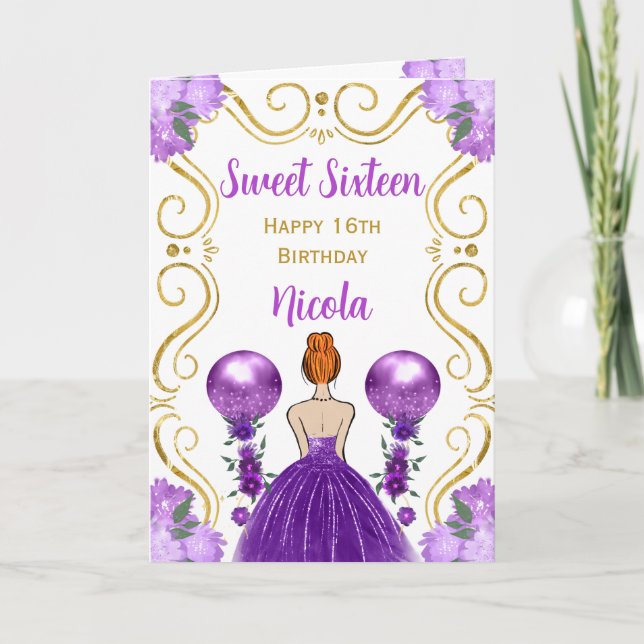 Sweet 16 Red Hair Princess Purple Happy Birthday Card (Front)