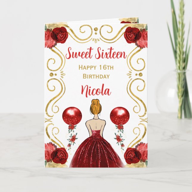 Sweet 16 Red Hair Princess Red Happy Birthday Card (Front)