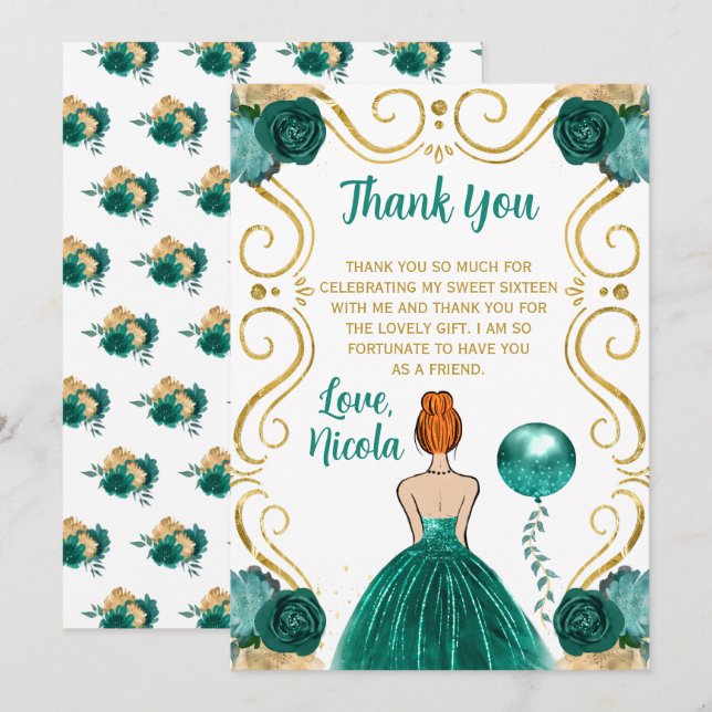 Sweet 16 Red Hair Princess Teal  Thank You Card (Front/Back)