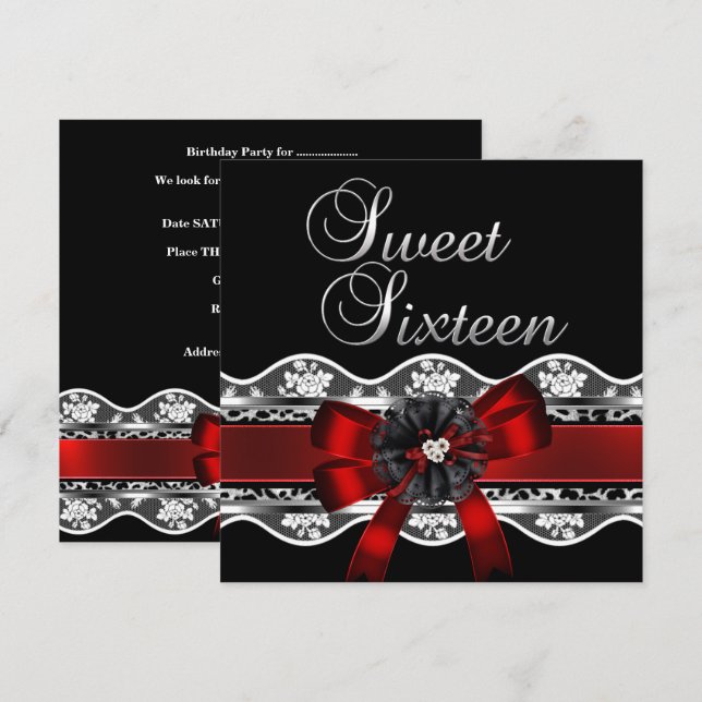 Sweet 16 Red Lace Silver Black Leopard Birthday Invitation (Front/Back)