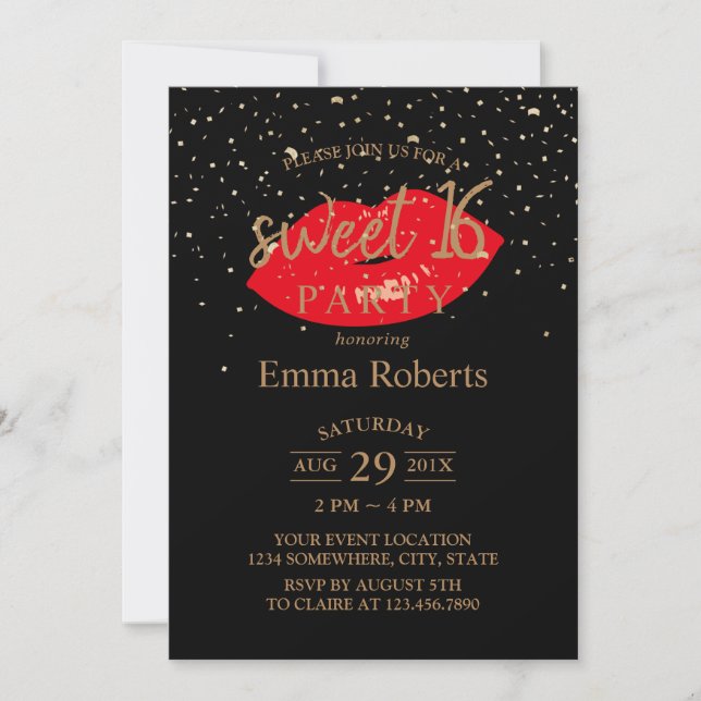 Sweet 16 Red Lips Modern Gold Confetti Birthday Invitation (Front)