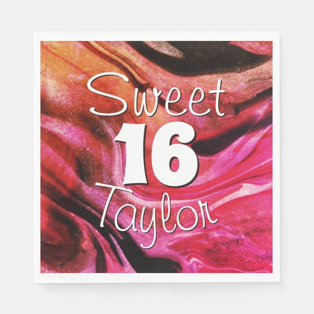 Sweet 16 Red & Orange Marble Personalized Napkin (Front)