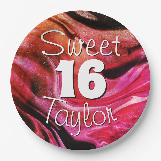 Sweet 16 Red & Orange Marble Personalized Paper Plate (Front)