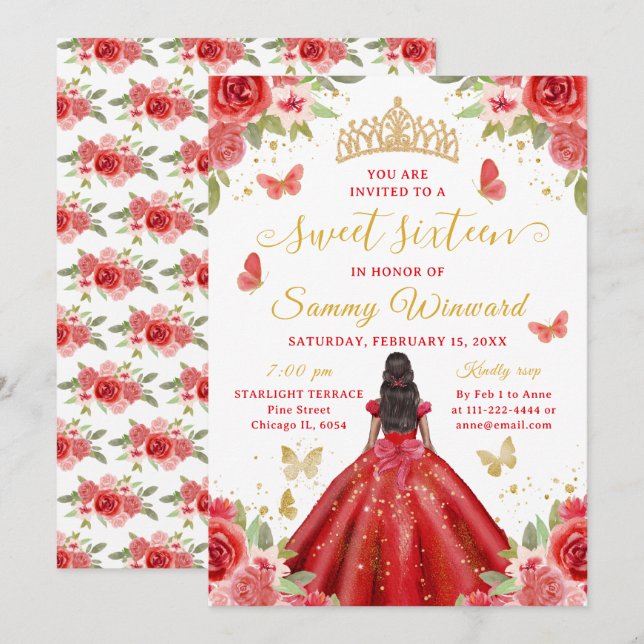 Sweet 16 Red Princess African American Girl Invitation (Front/Back)