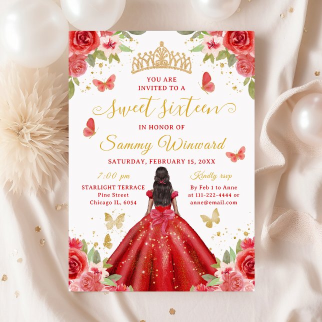 Sweet 16 Red Princess African American Girl Invitation (Creator Uploaded)