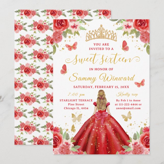 Sweet 16 Red Princess Blonde Girl Invitation (Front/Back)