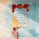 Sweet 16 red roses gold dress glitter clear acrylic invitations<br><div class="desc">For an elegant Sweet 16. A clear,  transparent background. Decorated with red roses,  gold sparkles and a golden dress.  Personalise and add your name and party details.</div>