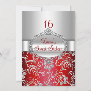 Sweet 16 Red & Silver Floral Announcements