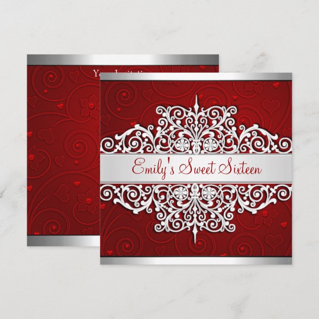 Sweet 16 Red Silver Floral Love Birthday Party Invitation (Front/Back)