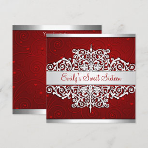 Sweet 16 Red Silver Floral Love Birthday Party Invitation