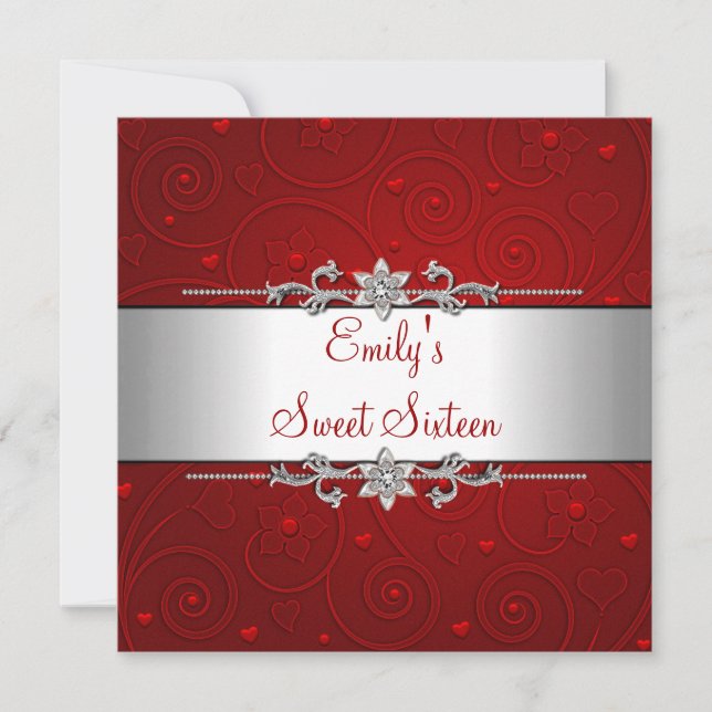 Sweet 16 Red Silver Floral Love Birthday Party Invitation (Front)
