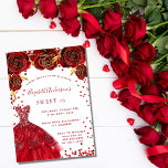 Sweet 16 red white dress glamourous invitation<br><div class="desc">A modern,  stylish and glamourous invitation for a Sweet 16,  16th birthday party.  A white background with sparkles,  a red dress and red roses,  florals.  The name is written with a modern hand lettered style script.  Personalise and add your party details.</div>