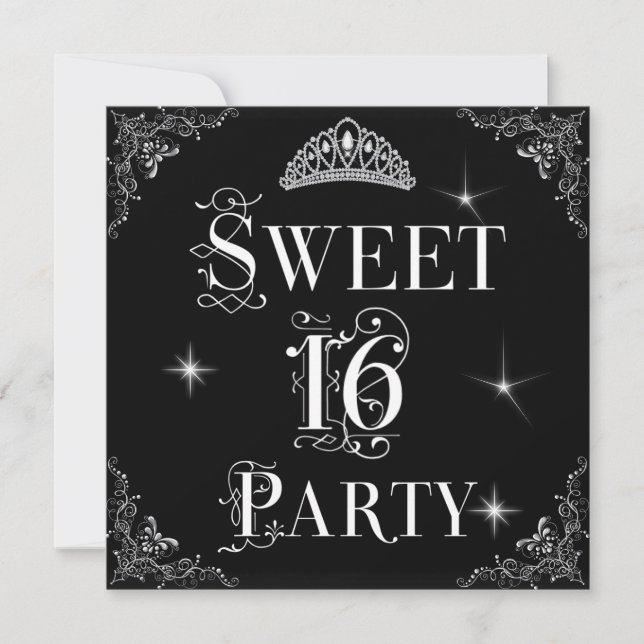 Sweet 16 Regal Black White Silver Tiara Invitation (Front)