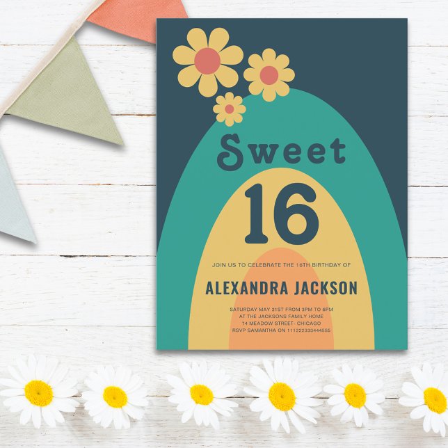 Sweet 16 Retro Daisy Arch Birthday Party Invitation Postcard (Sweet 16 retro daisy arch 16th birthday party budget invitation postcard with groovy typography )