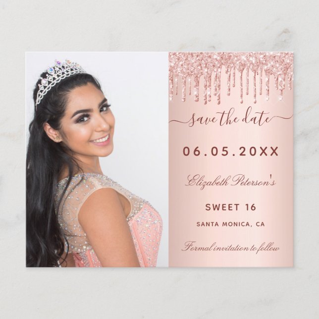 Sweet 16 rose blush photo QR budget Save the Date Flyer (Front)