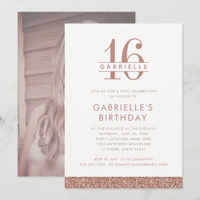 Sweet 16 Rose Blush Pink Glitter Photo Birthday Invitation (Front/Back)