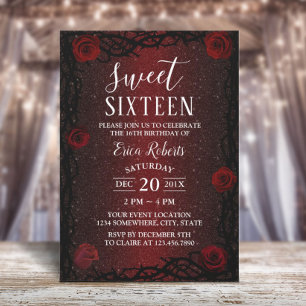 Sweet 16 Rose Flower & Thorn Burgundy Red Glitter Invitation
