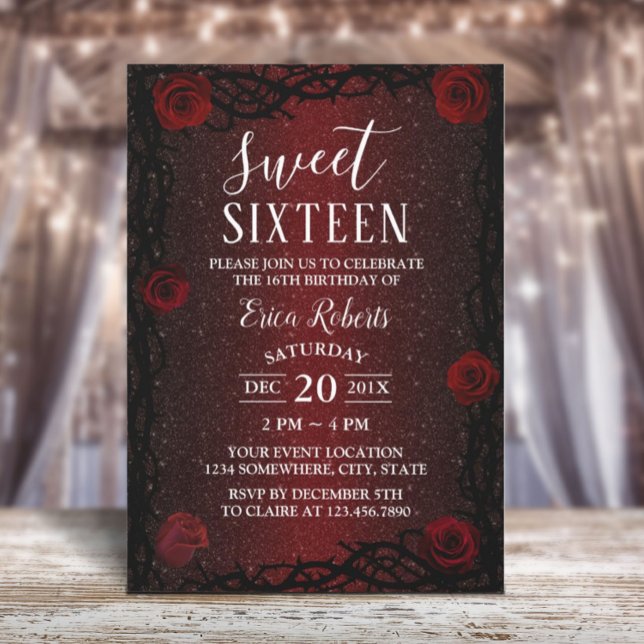 Sweet 16 Rose Flower & Thorn Burgundy Red Glitter Invitation (Creator Uploaded)