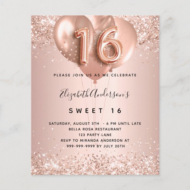 Sweet 16 rose gold balloons budget invitation flyer (Front)