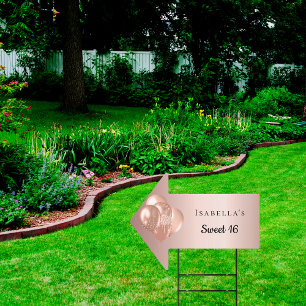 Sweet 16 rose gold balloons name arrow garden sign