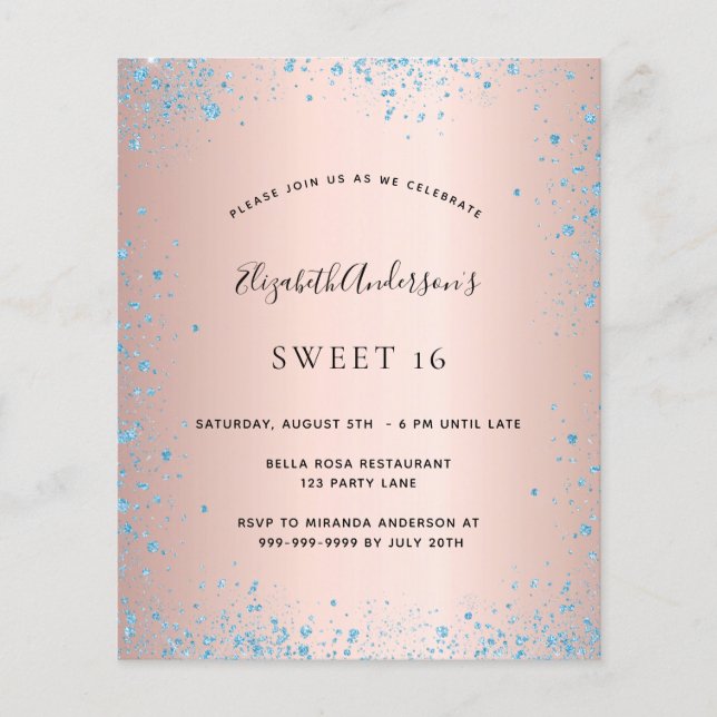 Sweet 16 rose gold blue glitter budget invitation flyer (Front)