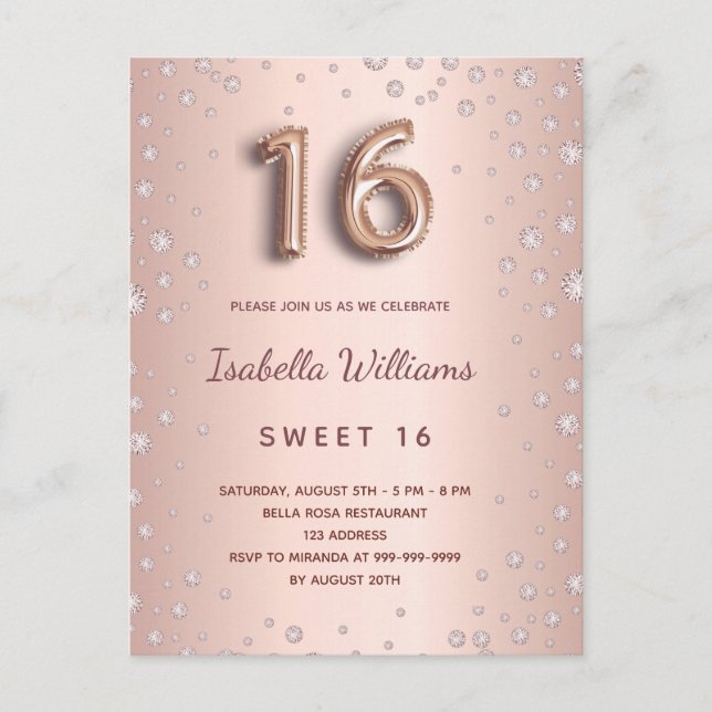 Sweet 16 rose gold blush diamonds glam postcard (Front)